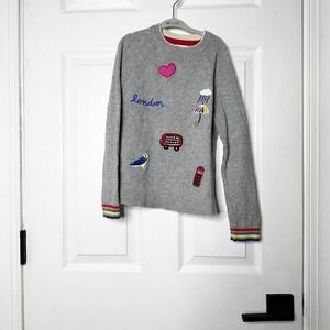 Boden London Embroidered Sweater Grey Pink Heart Bus‎ Umbrella Bird 8-9Y 134cm